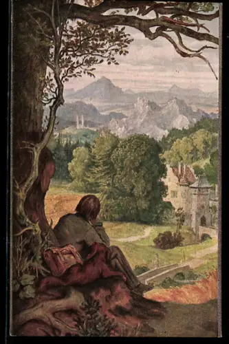 Künstler-AK Moritz von Schwind: Auf Wanderschaft - Wander rastet unter einem Baum