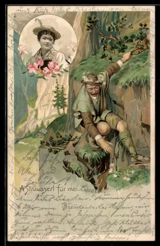 Lithographie A Sträusserl für mei, Bergsteiger beim Blumenpflücken
