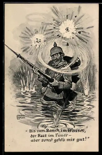 Künstler-AK Deutscher Soldat der Infanterie in Uniform mit Pickelhaube unter Beschuss