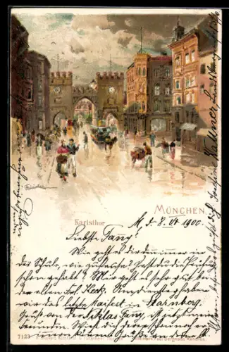 Lithographie München, Passanten vor dem Karlsthor