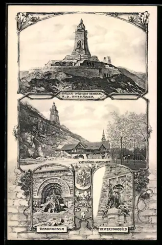 Künstler-AK Bad Frankenhausen, Kaiser-Wilhelm-Denkmal, Kyffhäuser-Wirtschaft, Barbarossa, Reiterstandbild