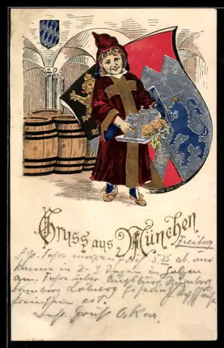 Lithographie München, Münchner Kindl mit Bierkrügen und Wappen