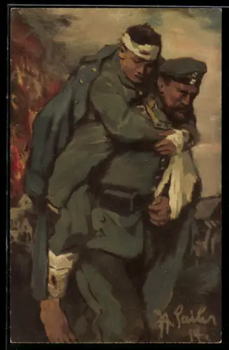 AK Rotes Kreuz, Sanitäter trägt Verwundeten auf der Schulter