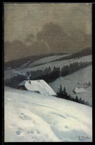 Künstler-AK Fritz Reiss: Winter im Schwarzwald Nr. 13, eingeschneite Schwarzwaldhäuser am Hang