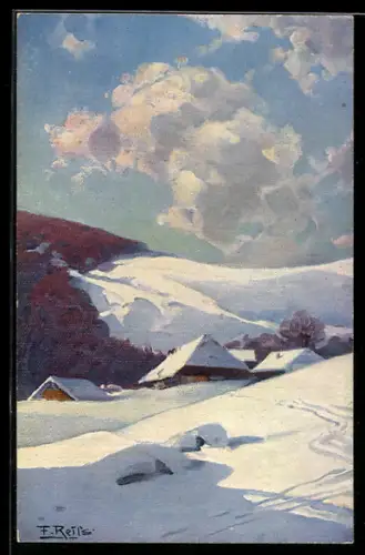 Künstler-AK Fritz Reiss: Glückliches Neujahr!, Winter im Schwarzwald, verschneiter Ort