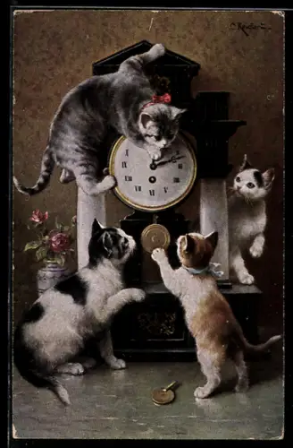 Künstler-AK Carl Reichert: vier Katzen beim Spielen mit einer Pendeluhr