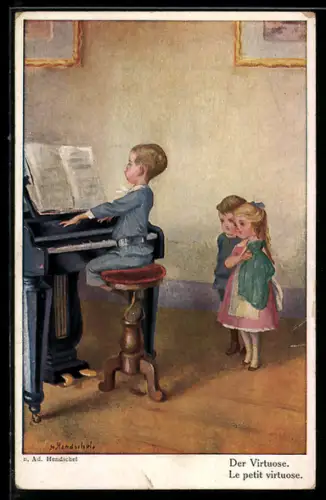 Künstler-AK sign. Ad. Hendschel: Kleiner Junge sitzt am Klavier
