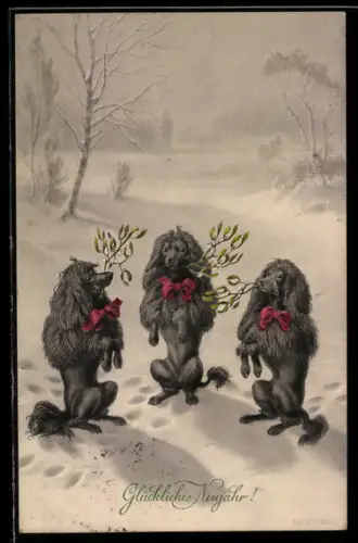 AK Drei Pudel in winterlicher Landschaft mit Mistelzweigen