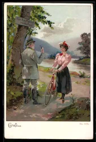AK Älterer Herr grüsst eine junge Dame mit ihrem Fahrrad