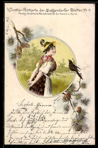 Künstler-AK Meggendorfer Blätter Nr. 9: Frau in Tracht auf einer Wiese lauscht der Amsel