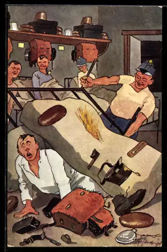 Künstler-AK Fritz Schönpflug: Soldat kippt Bett um