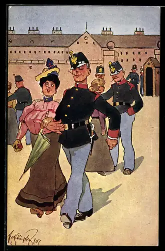 Künstler-AK Fritz Schönpflug: österreich. Soldat geht mit seiner Frau aus