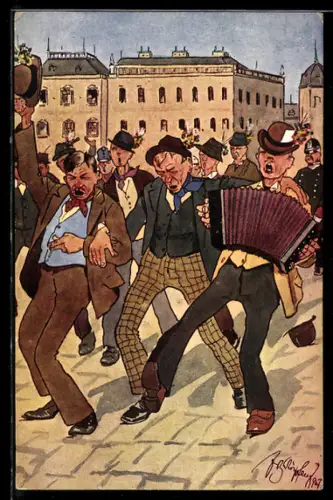 Künstler-AK Fritz Schönpflug: Uns ham s` g`halten!, Betrunkene mit Akkordeon auf der Strasse