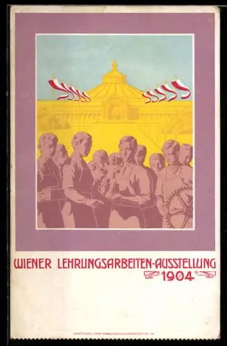 Künstler-AK Wien, Wiener Lehrlingsarbeiten-Ausstellung 1904, Ausstellungshalle mit Lehrlingen