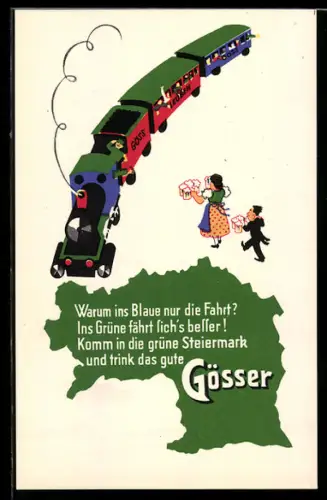 AK Warum ins Blaue nur die Fahrt? Ins Grüne fährt sich`s besser!..., Gösser-Brauerei-Werbung