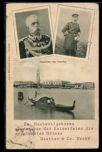 AK Venedig, Ortspartie mit Gondel und Blick zum Markusplatz mit Campanile des Markusdoms