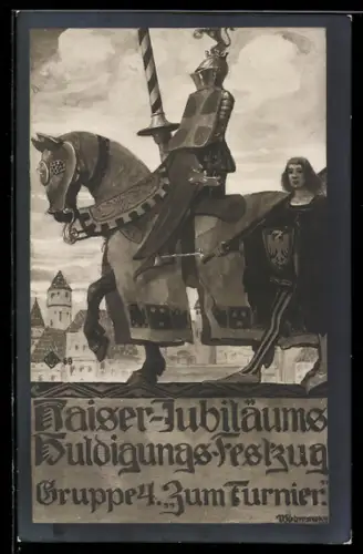 Künstler-AK Kaiser-Jubiläums-Huldigungs-Festzug, Gruppe 4. Zum Turnier, Ritter und Knappe