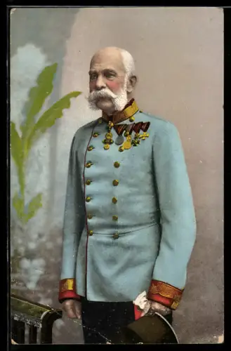 AK Kaiser Franz Josef I. von Österreich in blauer Uniformjacke samt Orden