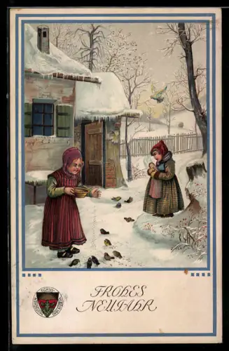 AK Deutscher Schulverein NR.79: Mädchen füttern im Winter Vögel vor dem Haus