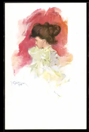 Künstler-AK Junge Frau mit weissem Kleid in Seitenansicht