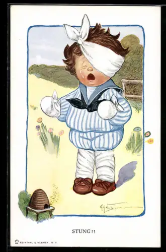 AK verletzter Knabe mit Augenbinde vor einer Bienenwabe