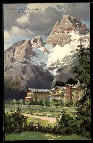 Künstler-AK Rudolf Alfred Höger: Schluderbach, Ortsansicht mit Croda Rossa
