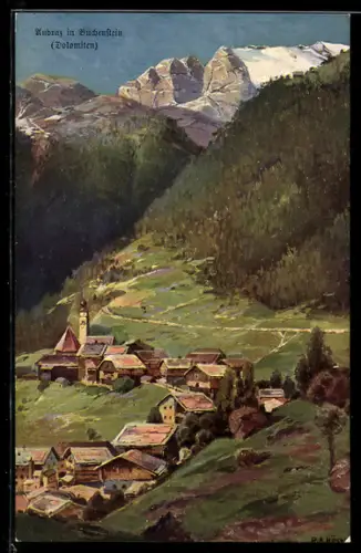 Künstler-AK Andraz in Buchenstein in den Dolomiten, Ortsansicht im Tal