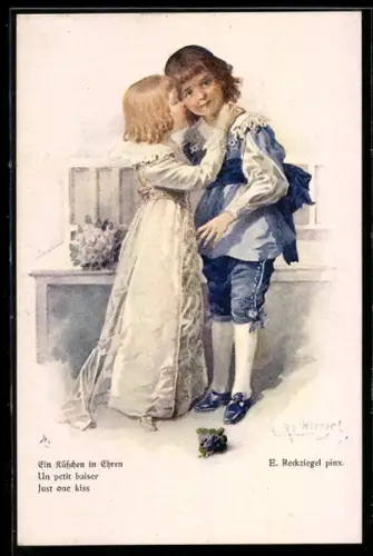 Künstler-AK E.Reckziegel: Ein Küsschen in Ehren, Mädchen küsst ihren Freund