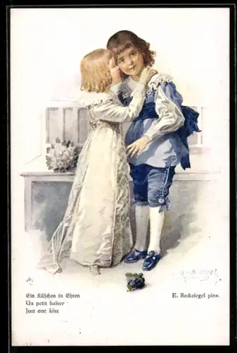 Künstler-AK E.Reckziegel: Ein Küsschen in Ehren, Mädchen küsst ihren Freund