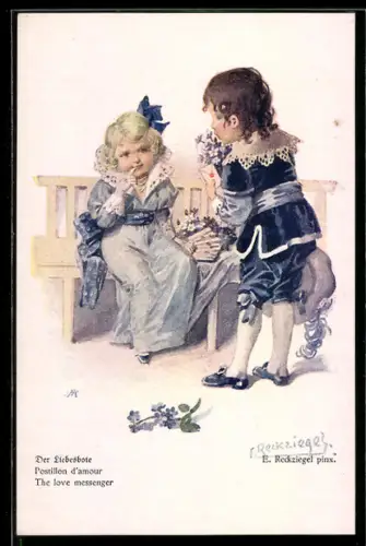 Künstler-AK Eduard Reckziegel: Junge bringt einem Mädchen Blumen und einen Liebesbrief