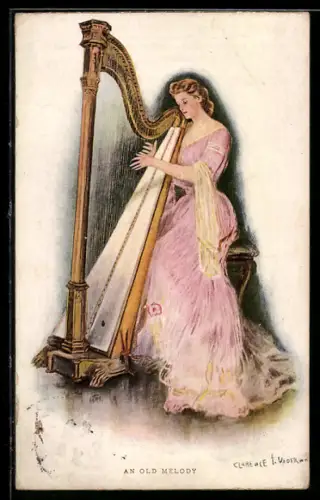 Künstler-AK Clarence F. Underwood: Dame in Rosa spielt Harfe