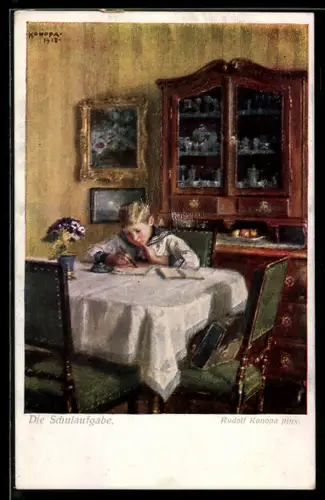 Künstler-AK Brüder Kohn (B.K.W.I) Nr.1744: Junge sitzt bei den Schulaufgaben