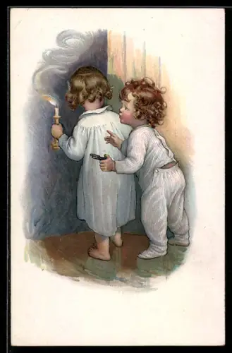 AK Kinderpaar in Nachtwäsche mit Kerze