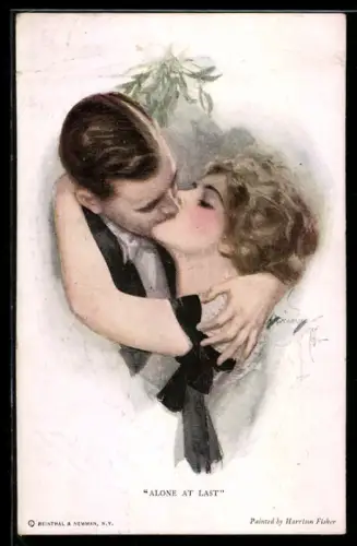 Künstler-AK Harrison Fisher: sich küssendes und umarmendes Paar, Alone at last