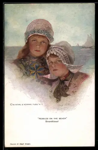 Künstler-AK Philip Boileau: Zwei Kinder mit Kopfbedeckungen sind am Strand, Pebbles on the Beach