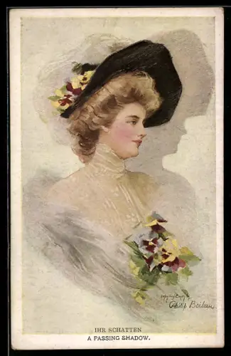 Künstler-AK Philip Boileau: Blonde Frau mit Hut und Stiefmütterchenstrauss