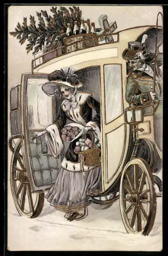 AK Dame mit Geschenken steigt aus einer Kutsche