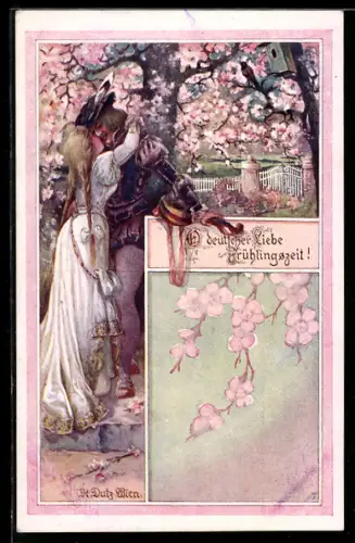 Künstler-AK Rud. Dutz: Liebespaar küsst sich unter blühenden Bäumen