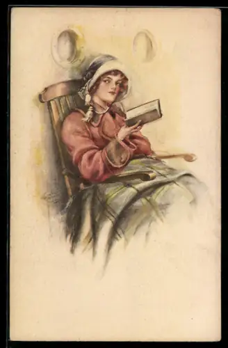 Künstler-AK Court Barber: Frau in einem Stuhl liest ein Buch