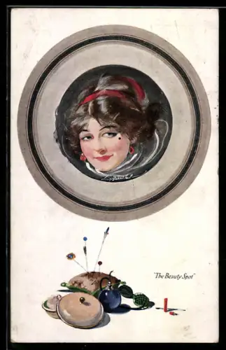 AK The Beauty Spot, Mädchen mit Schönheitsfleck auf der Wange, Nadelkissen und Parfümfläschchen