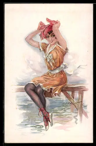 Künstler-AK Luis Usabal: junge Dame in kurzem Kleid auf Steg sitzend wickelt sich Tuch um Kopf