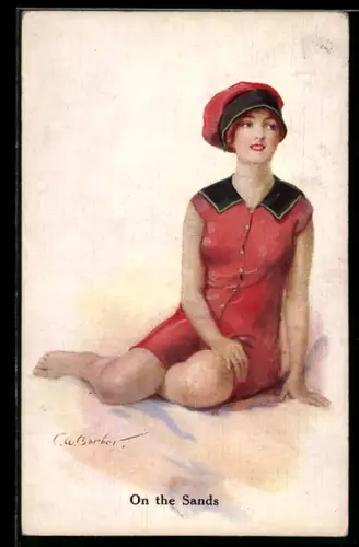 Künstler-AK Court Barber: On the Sands, Junge Frau in rotem Badeanzug