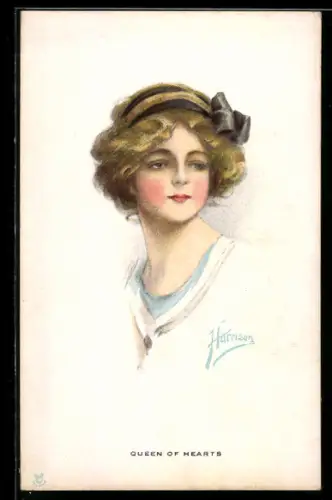 Künstler-AK Harrison: Queen of Hearts, Junge Dame mit Locken