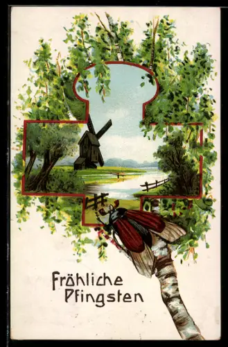 AK Landschaft mit Windwühle, Birke und Maikäfer