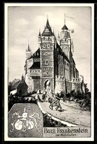 Künstler-AK Mühltal, Burg Frankenstein, Wappen