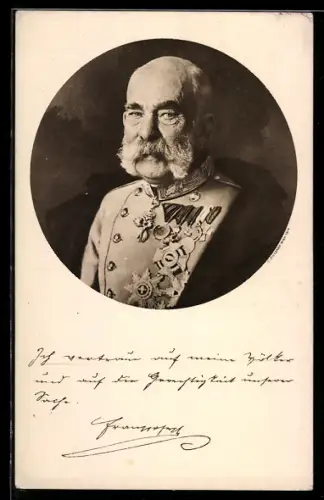 AK Kaiser Franz Josef I. von Österreich präsentiert seine Orden, Spruch