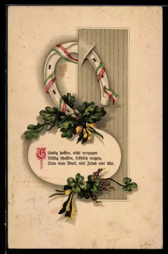 AK Hufeisen mit Schleife mit ungarischer Flagge, Eichenlaub mit Schleife in österreichischen Farben