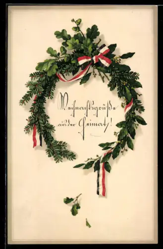 AK Blätterkranz mit Eichenlaub und Schleife in Reichsfarben