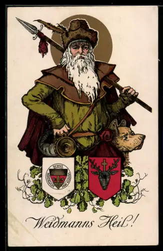 AK Deutscher Schulverein Nr. 108: Weidmanns Heil!, Jäger mit Jagdspiess und Jagdhund, Wappen