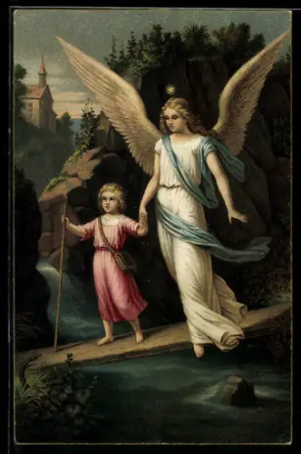 AK Der Schutzengel begleitet das Mädchen über den Steg am Fluss